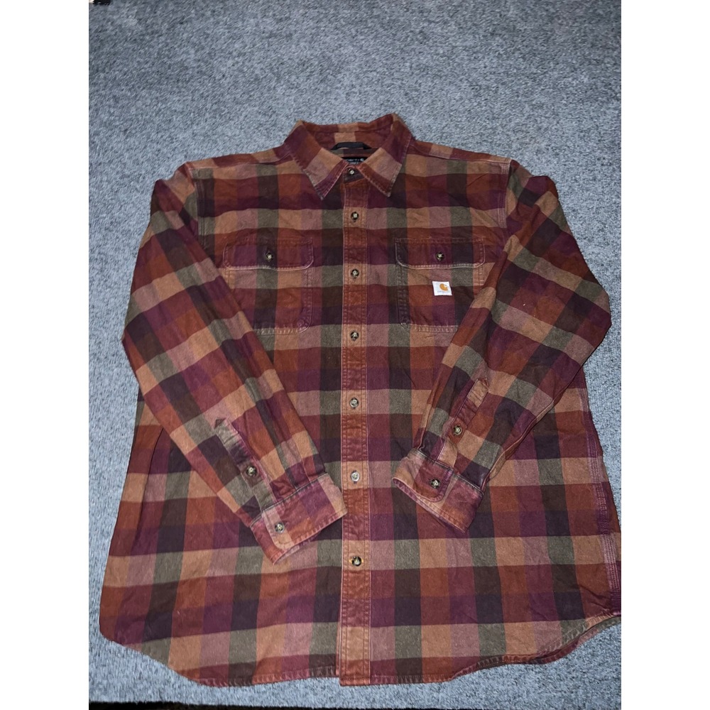 Carhartt Mens XL Heavy Flannel Shirt Loose Fit Red Brown Plaid 105078 R25